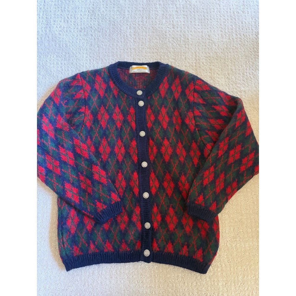 James Pringle Cardigan Womens M Blue Red Argyle Mohair Blend Vintage Scotland